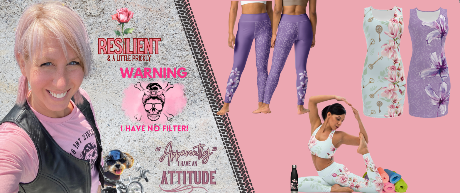 OneLittleHotFlash Split Banner featuring biker chick on one side and classy dresses and yoga wear on the other